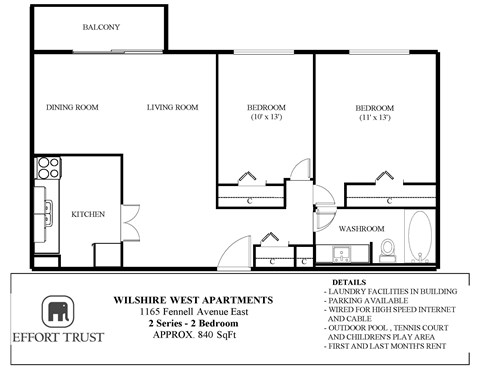Floor plan for 2 beds, 1 bath, 900 sqft